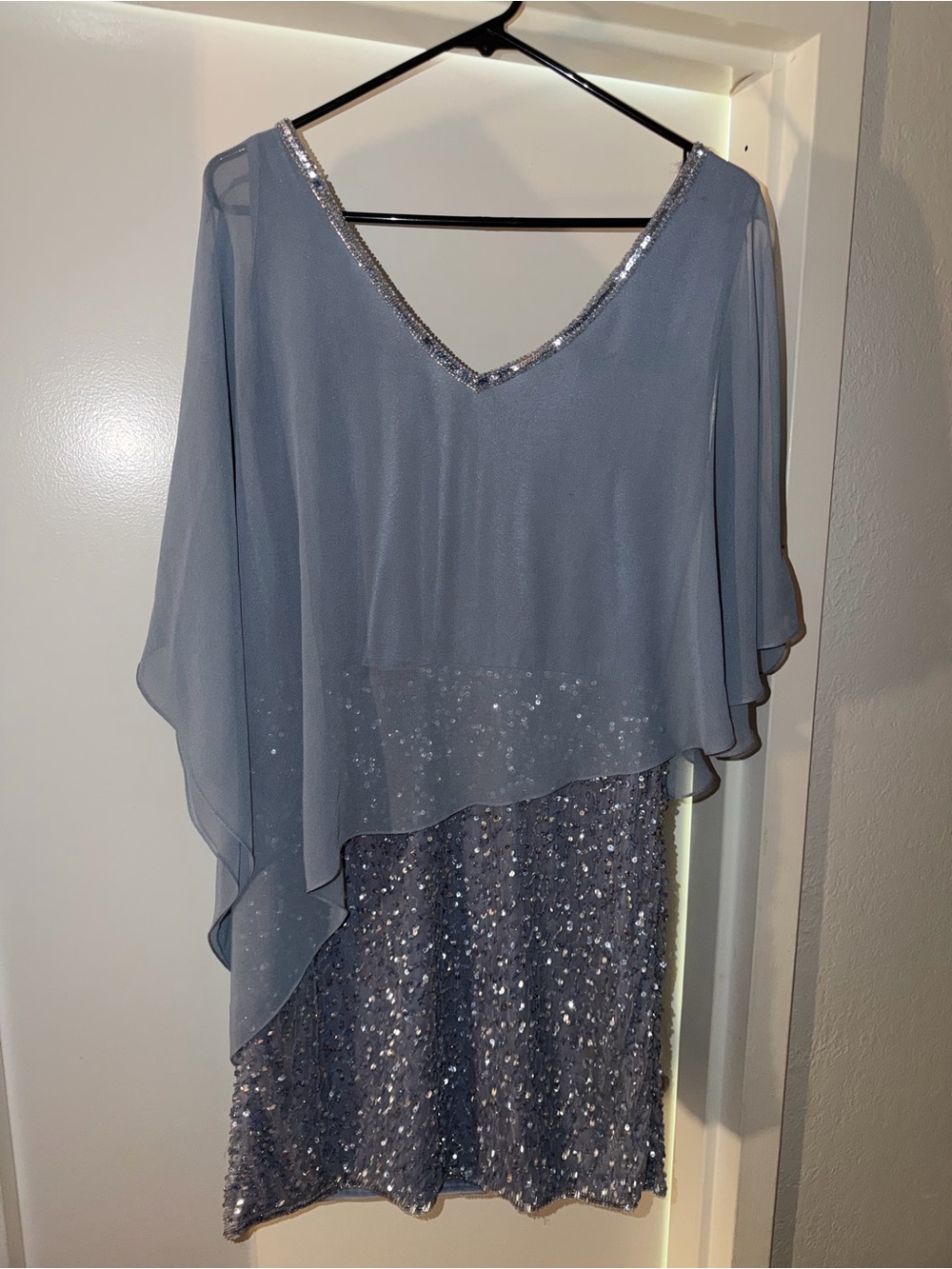 J Kara Dusty Blue Sequin Midi Dress with Chiffon Cape